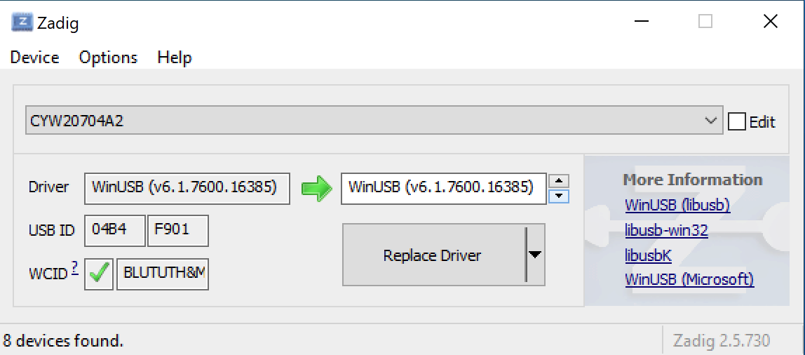 Zadig showing CYW20704A2